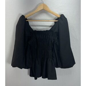 Tuckernuck Pomander Place Black Top Size XS smocked off the shoulder Puff sleeve